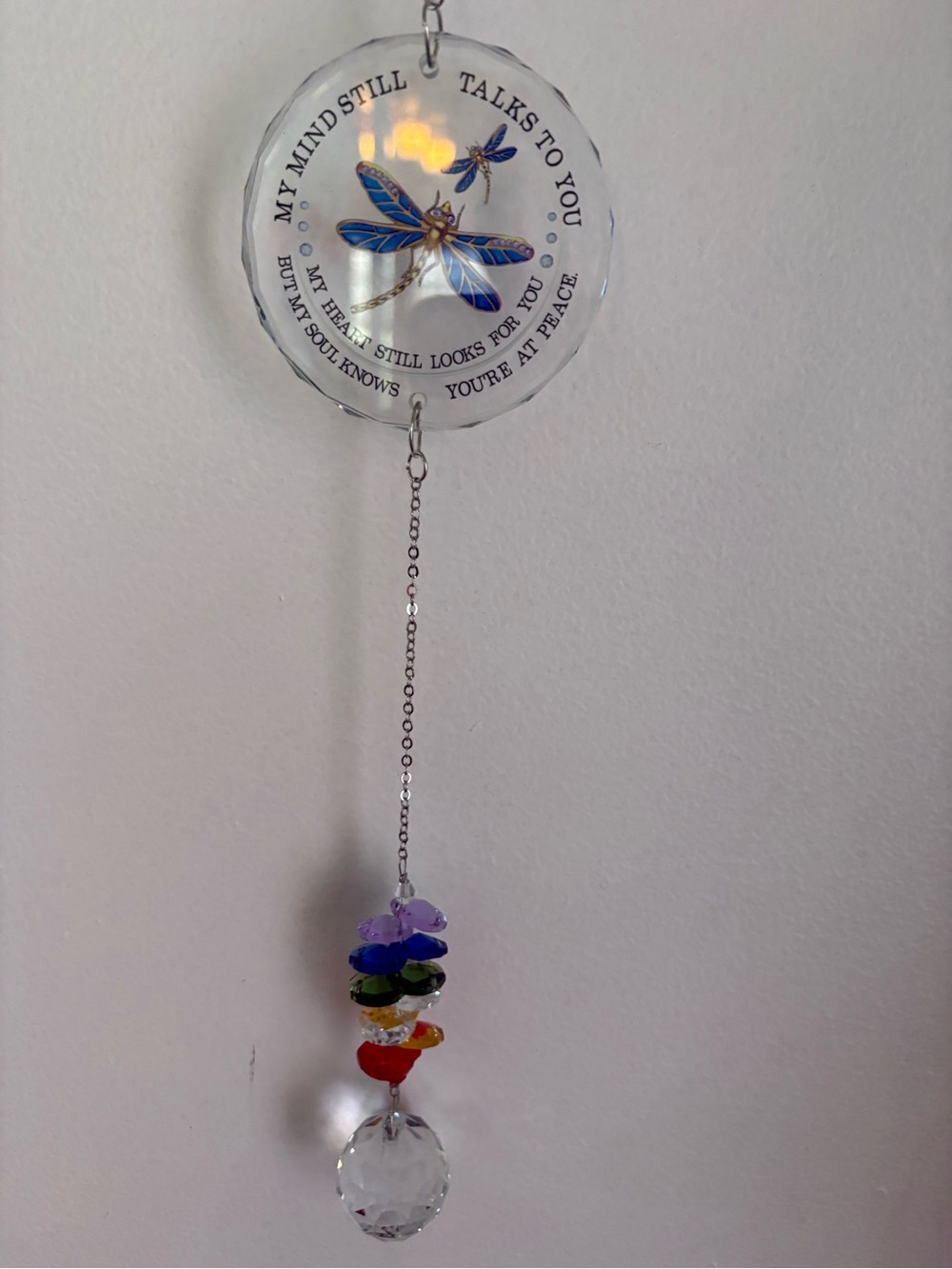Blue Dragonfly NWT Memorial Hanging glass Suncatcher/Multicolor Crystal Drops